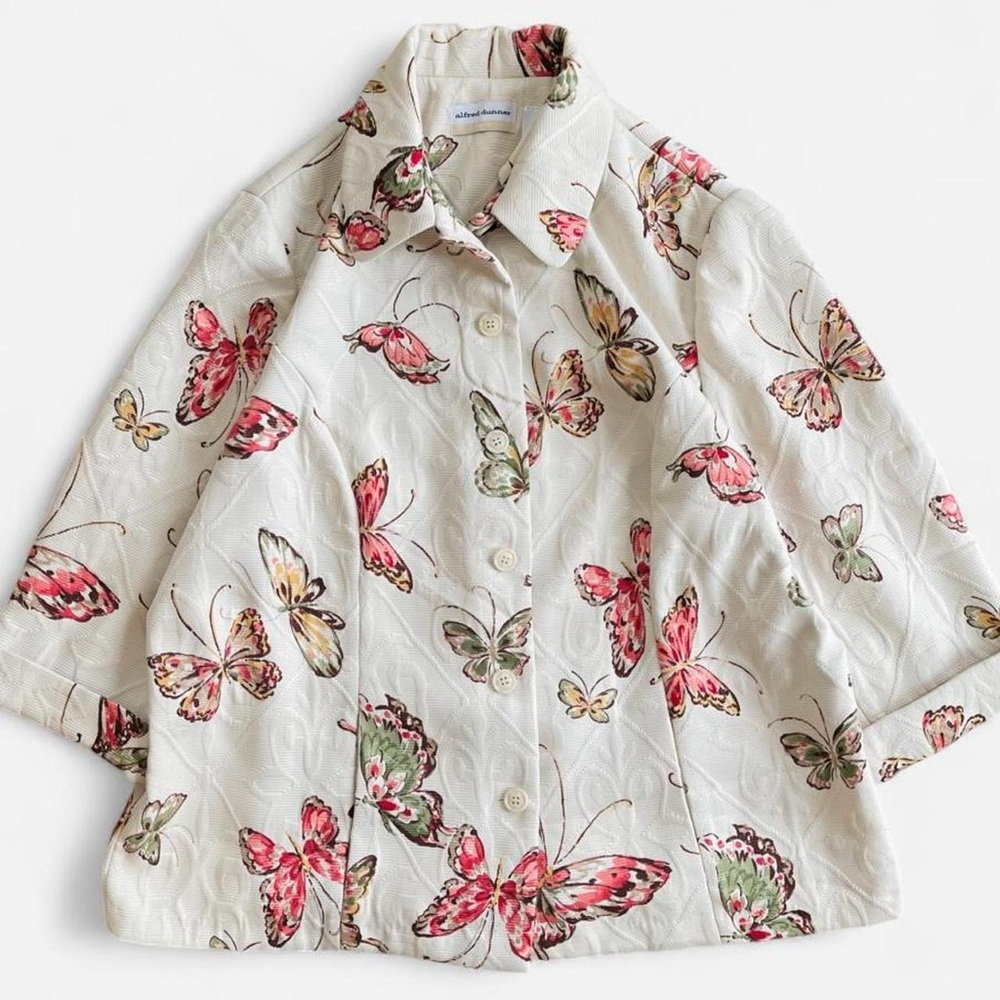 Alfred Dunner Cream Tone Butterfly Print Button Up Blazer Jacket